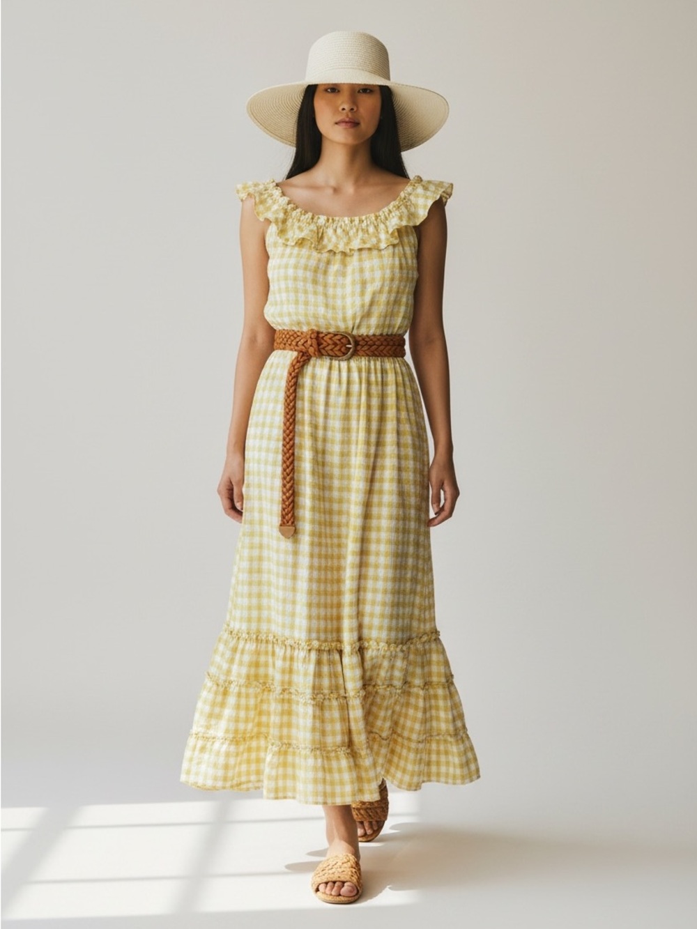 Max Studio Cottagecore Yellow Gingham Ruffle Maxi Dress Woman’s M